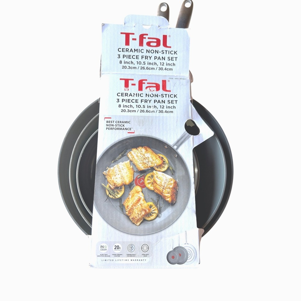 T-Fal Gray Ceramic Non-Stick 3 Piece Fry Pan Set 8" 10.5" 12" New!